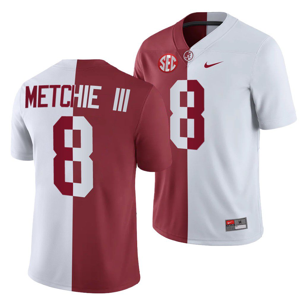 Men's Alabama Crimson Tide John Metchie III #8 Crimson White Split NCAA College Football Jersey